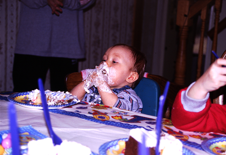 04-02-29, 46, Connor eating cake, Connor's Birthday